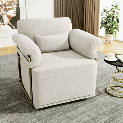 360 Degree Square Swivel Accent Sofa Chair,Fluffy Fabric Lounge Wide Upholstered Reading Chair With Gold Metal Legs, Comfortable Armchair For Living Room,Bedroom,Office