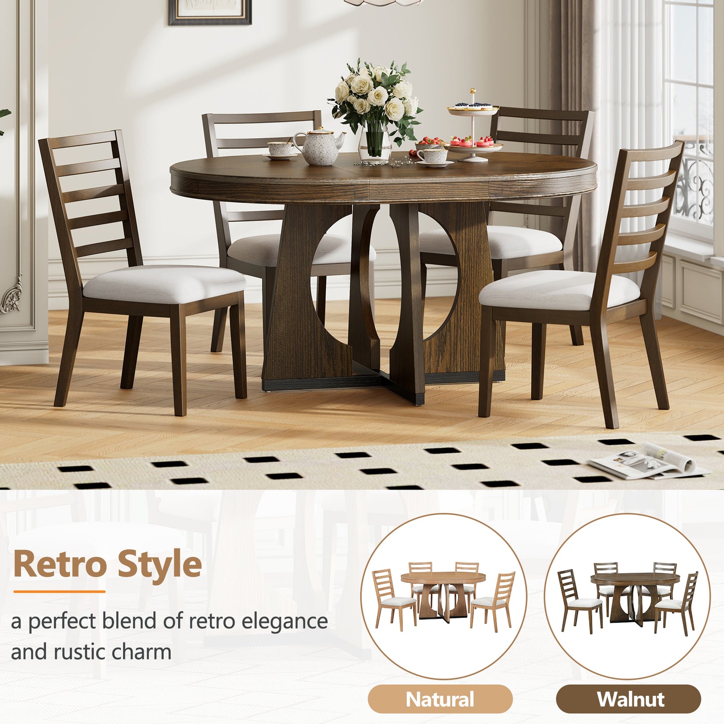 TREXM Round Dining Table For 4 With Chairs Set  Extendable Dining Table Set With 16 Removable Middle Leaf  5 Piece Retro Dining Table Set Unique Geometric Design For Kitchen  Dining Room  Walnut