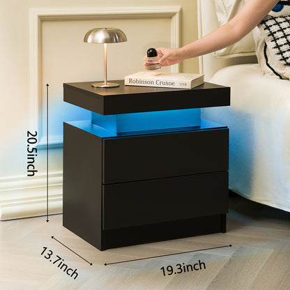 Nightstand LED Bedside Table Cabinet Lights Modern End Side With 2 Drawers For Bedroom Black