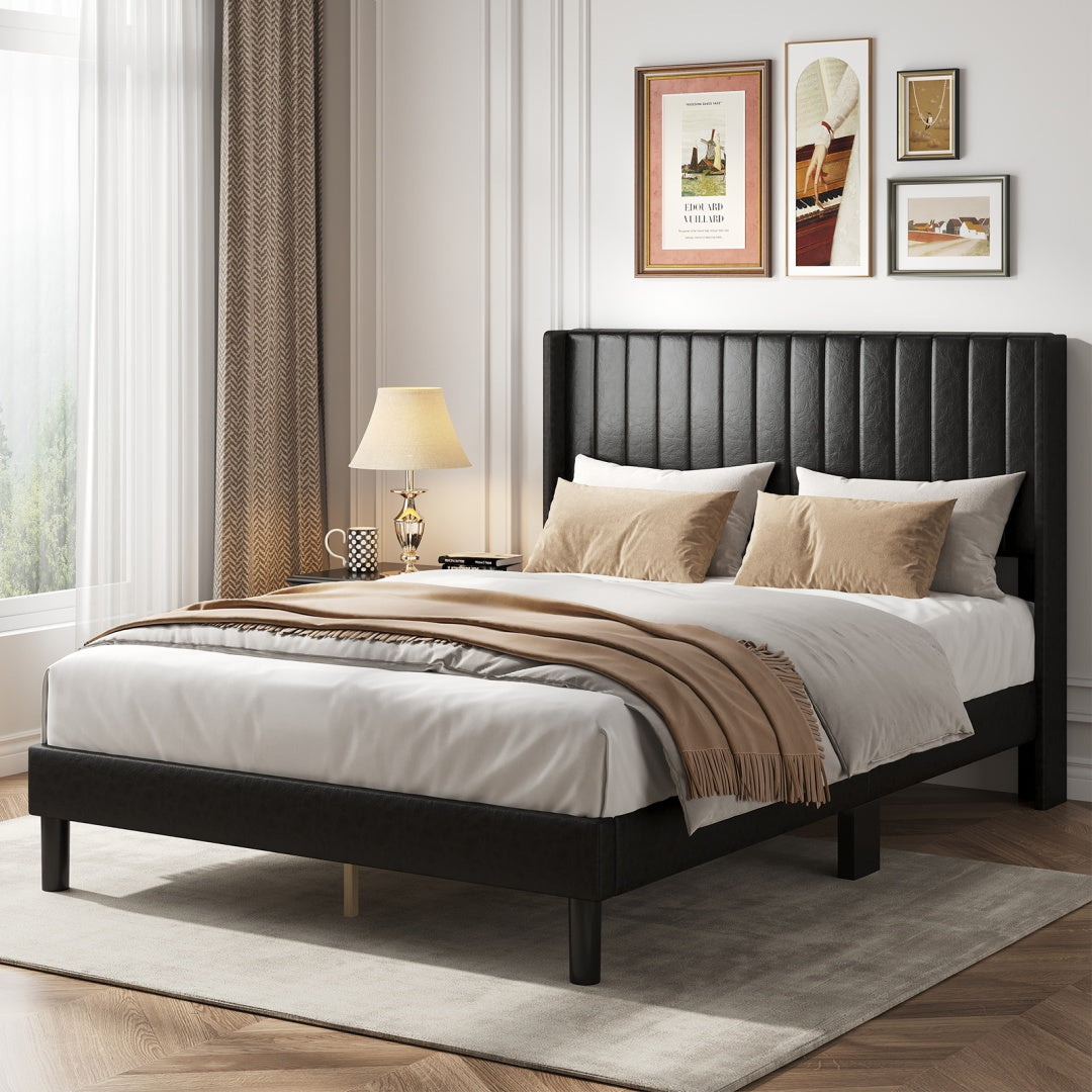 Double Bed Frame, Fabric-covered Wing-shaped Headboard And Wooden Crossbars, With A Load Capacity Of 500 Pounds, Without Box Springs