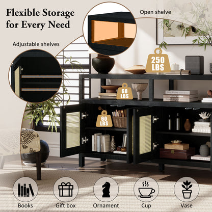 TREXM Bohemian Style Rattan Buffet Storage Cabinet With Solid Wood Frame  Sideboard With 3-position Adjustable Shelves For Living & Dining Rooms  No-Handle Push-to-Open Design  Black