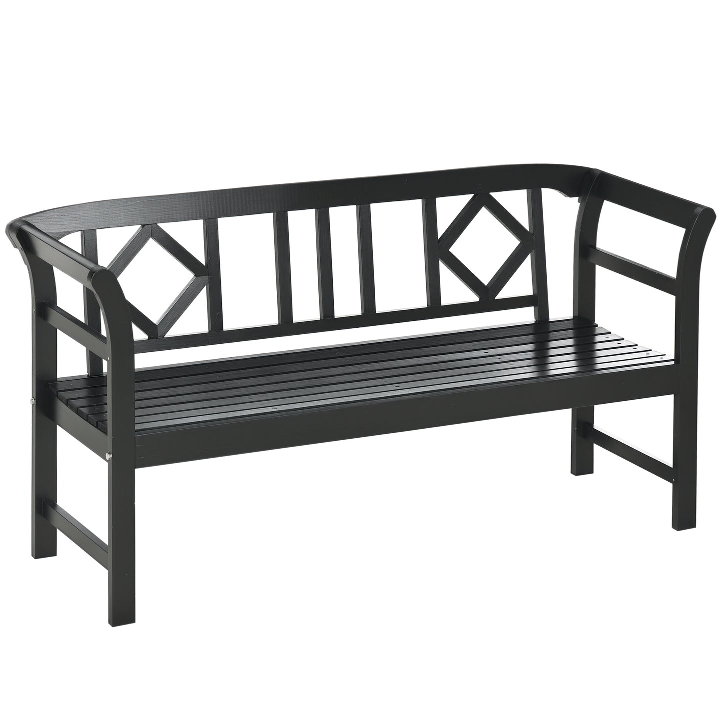 Wooden Patio Bench, Outdoor Garden Bench with Backrest and Armrests, 3 Person Porch Bench with Rustic Country Diamond Pattern, Black
