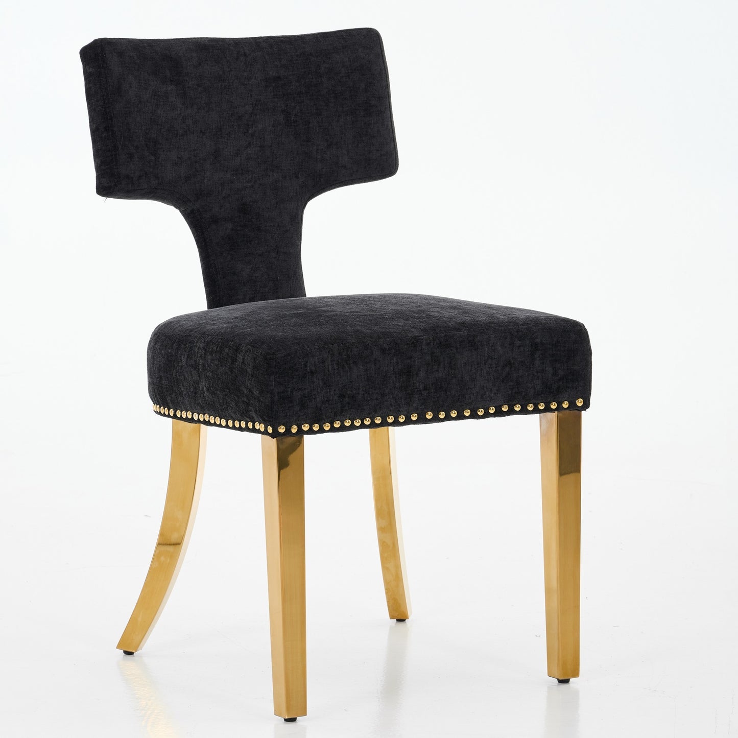 Mid Century Modern Dining Chairs Set Of 2, Farmhouse Chenille Fabric Upholstered Accent Chair Curved Backrest With Copper Nails Around,Kitchen Chairs With Golden Stainless Steel Plating Legs, Black