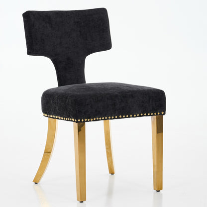 Mid Century Modern Dining Chairs Set Of 2, Farmhouse Chenille Fabric Upholstered Accent Chair Curved Backrest With Copper Nails Around,Kitchen Chairs With Golden Stainless Steel Plating Legs, Black