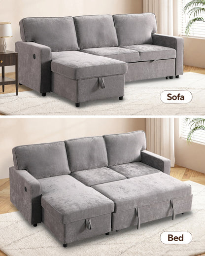 Upholstery Sleeper GREY Sectional Sofa With Storage Space, USB Port, 2 Cup Holders On Back Cushions