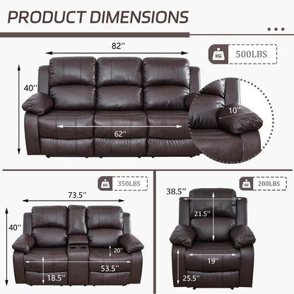 Manual Recliner Sofa Set Brown Three Piece Living Room Furniture