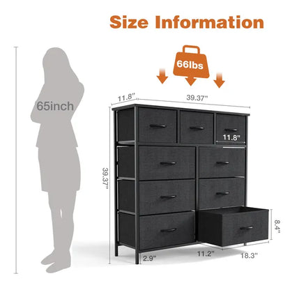 Dresser For Bedroom With 9 Fabric Storage Drawer Wardrobe Tall Chest Organizer Closet Adult&Kids Clothes Cabinet Furniture