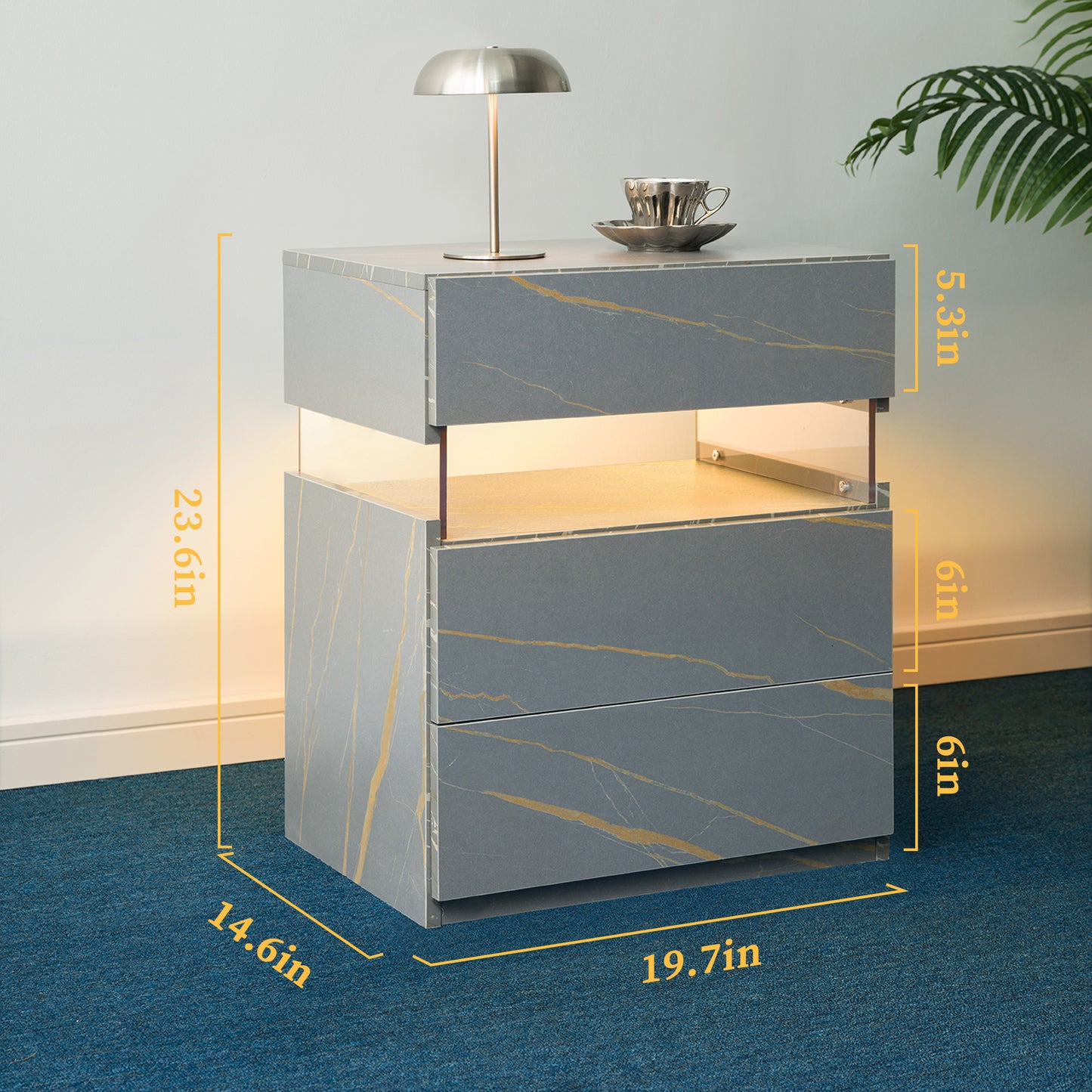 LED Nightstands 3 Drawer Dresser For Bedroom End Table With Acrylic Board LED Bedside Tables For Bedroom Living Room Bedside Furniture Grey Gold