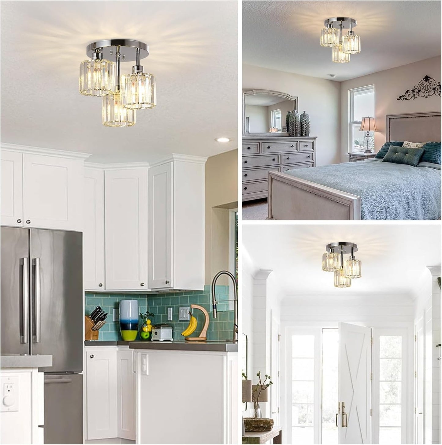 Semi Flush Mount Ceiling,3-Light Kitchen Mount,Hallway Light Fixtures Ceiling With Clear Crystal Sha