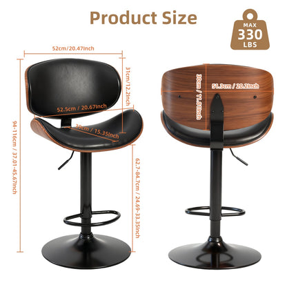 A Set Of 2 Rotating Bar Stools With Adjustable Height, PU Leather Decorative Chairs, Backrests And Footstools, And Anti-slip Rubber Bases
