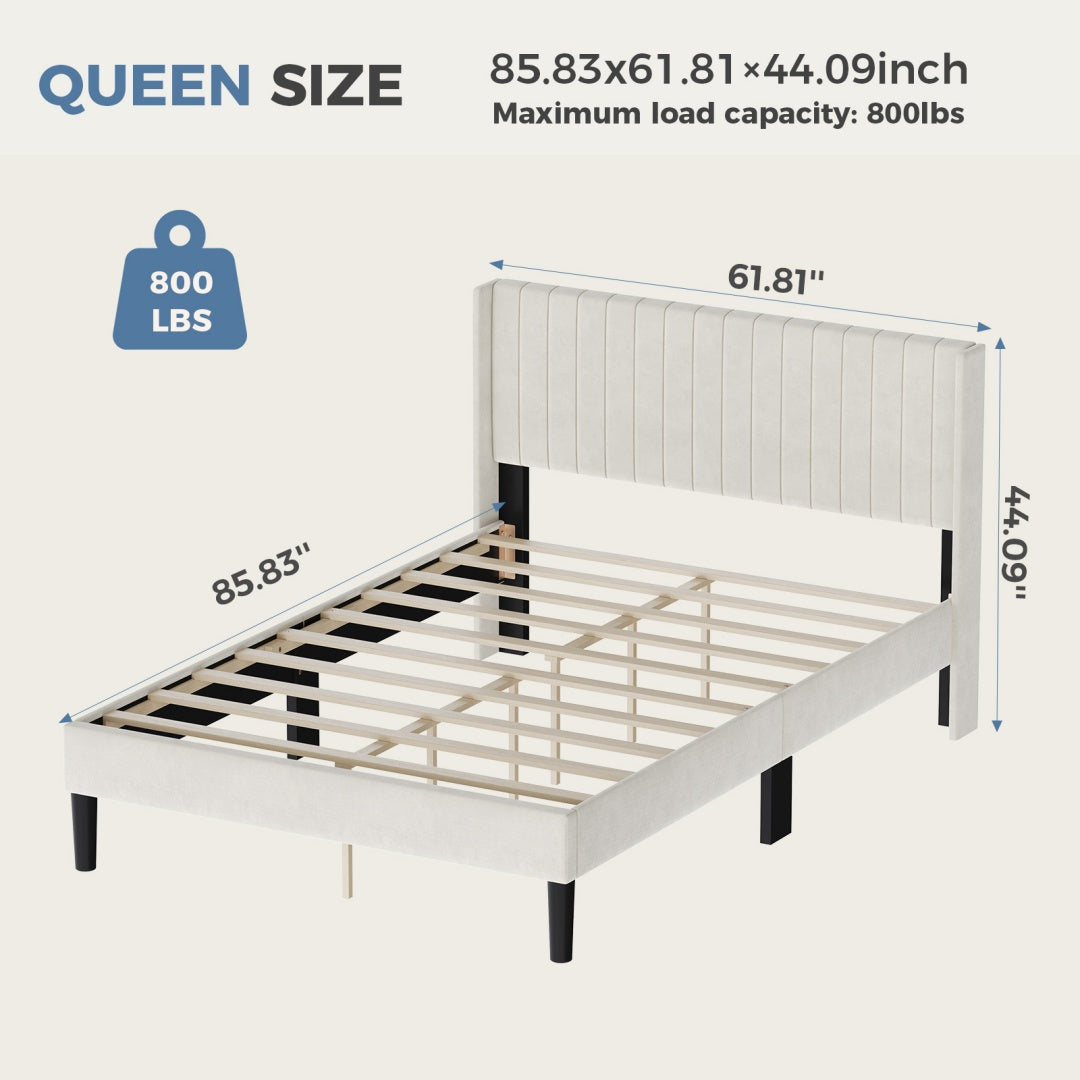 Double Bed Frame, Fabric-covered Wing-shaped Headboard And Wooden Crossbars, With A Load Capacity Of 500 Pounds, Without Box Springs