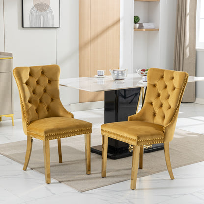 Nikki Modern, High-end Tufted Solid Wood Contemporary Velvet Upholstered Dining Chair With Golden Stainless Steel Plating Legs,Nailhead Trim,Set Of 2,Gold, SW1601GL