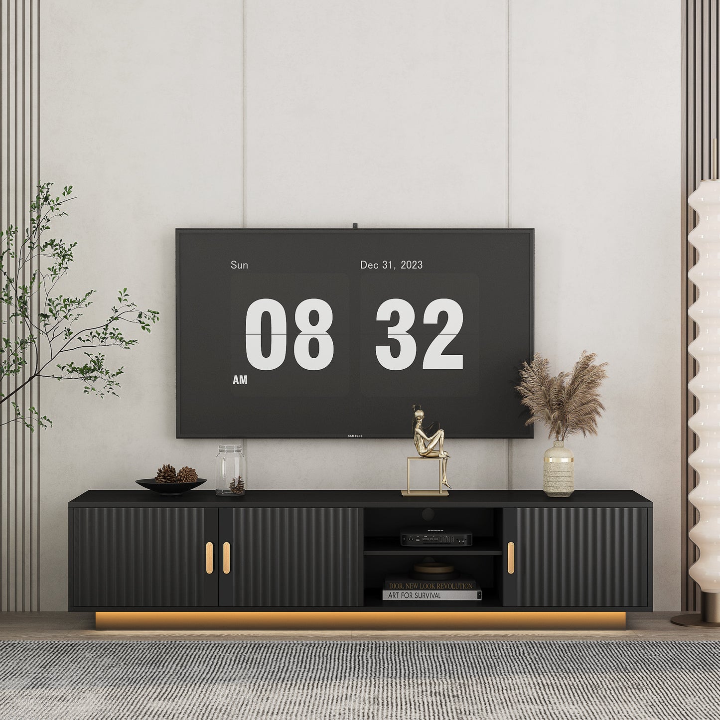 Mid Century Modern TV Stand With LED Lights For 80 Inch TV, Entertainment Center Wooden TV Stand, TV Stand Desk Media Cabinet With Storage For Living Room Bedroom