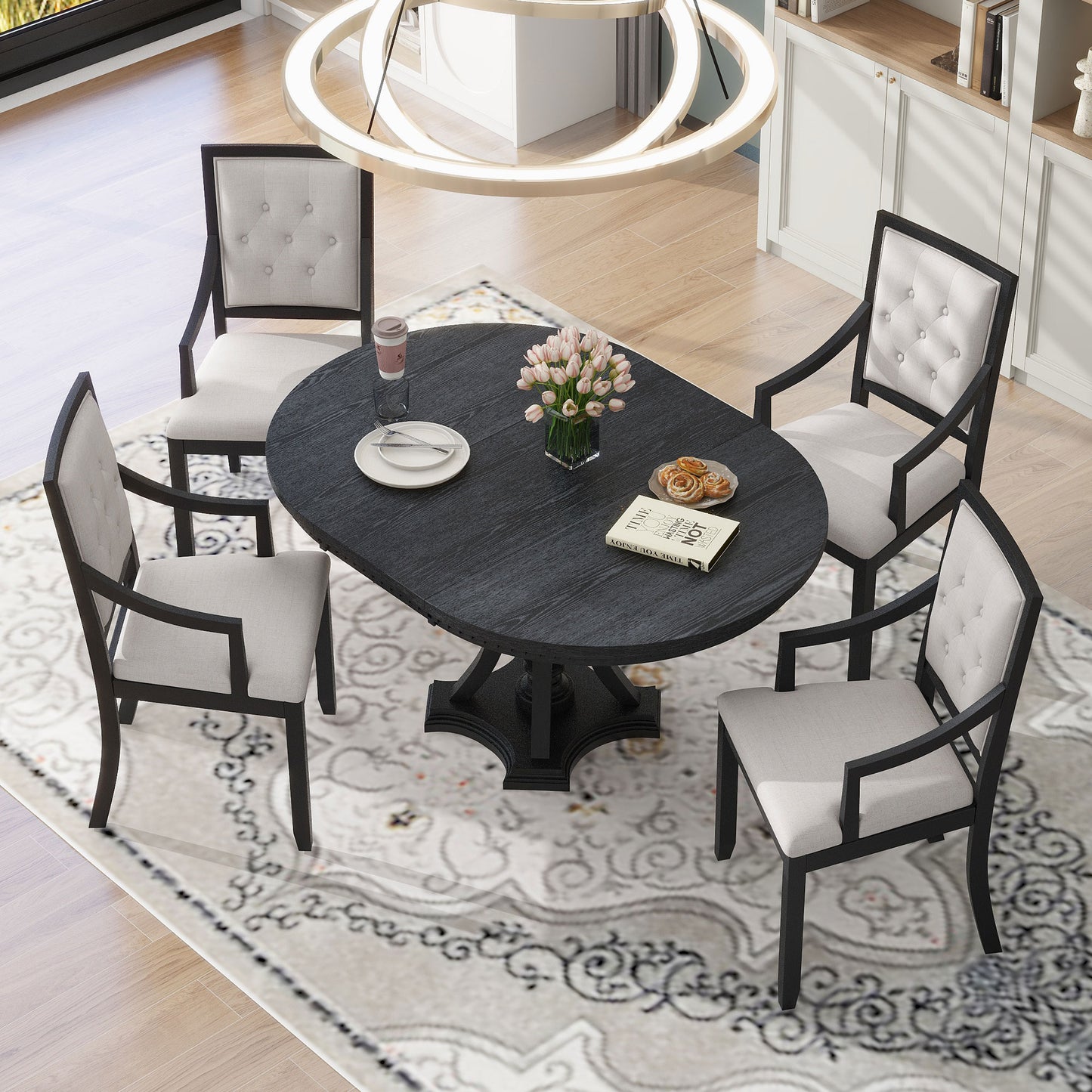 TREXM Retro 5-piece Dining Set Extendable Round Table And 4 Chairs For Kitchen Dining Room BLACK OAK