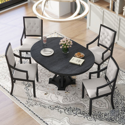 TREXM Retro 5-piece Dining Set Extendable Round Table And 4 Chairs For Kitchen Dining Room BLACK OAK