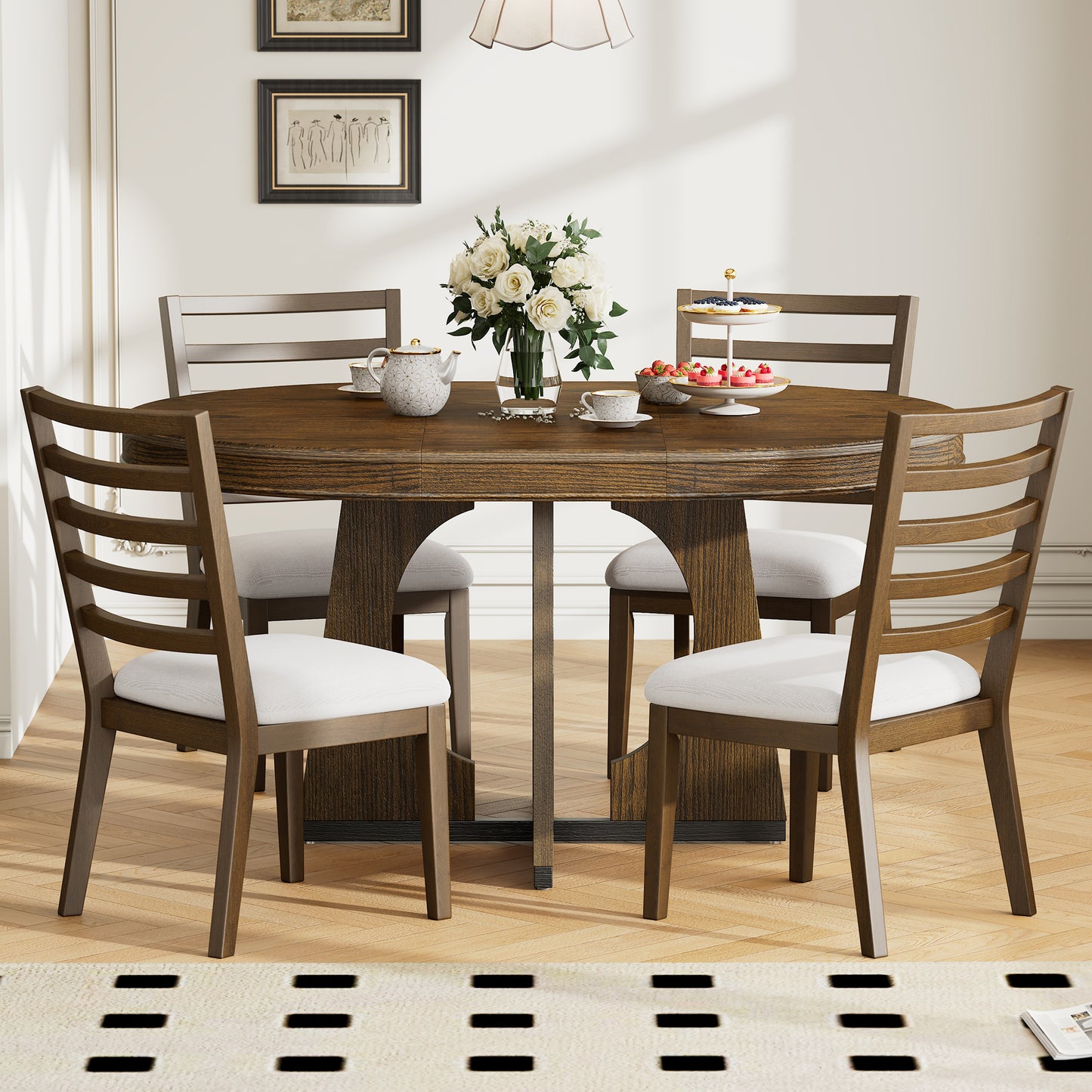 TREXM Round Dining Table For 4 With Chairs Set  Extendable Dining Table Set With 16 Removable Middle Leaf  5 Piece Retro Dining Table Set Unique Geometric Design For Kitchen  Dining Room  Walnut