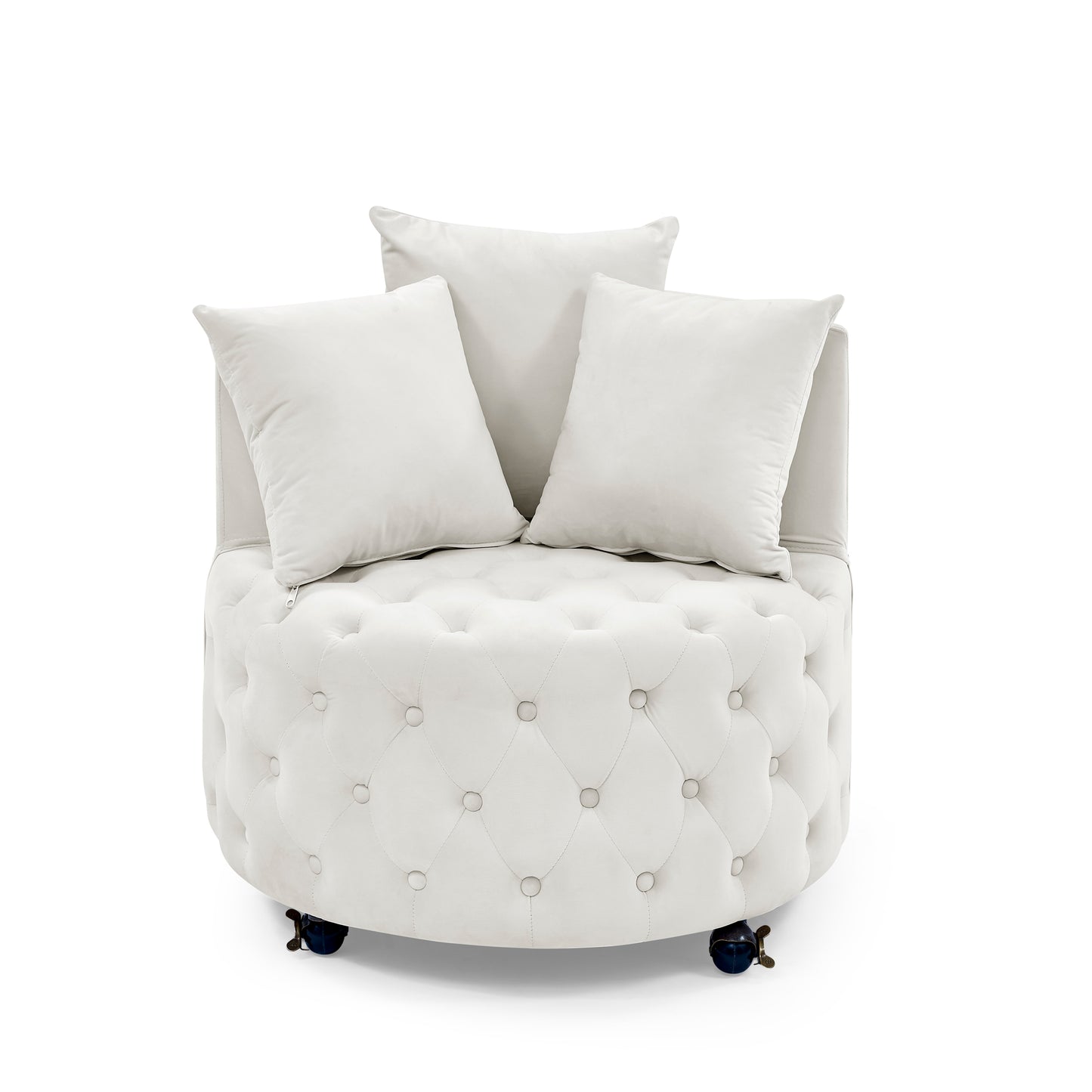 Velvet Upholstered Swivel Chair For Living Room, With Button Tufted Design And Movable Wheels, Including 3 Pillows, Beige