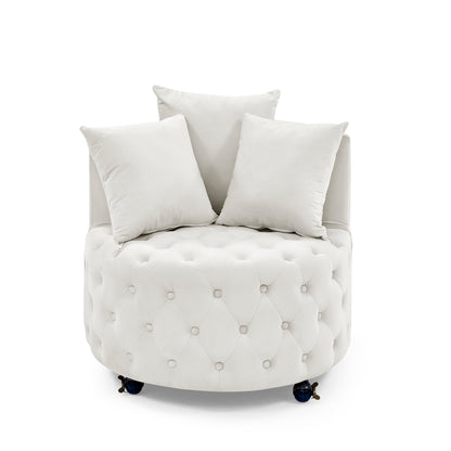 Velvet Upholstered Swivel Chair For Living Room, With Button Tufted Design And Movable Wheels, Including 3 Pillows, Beige