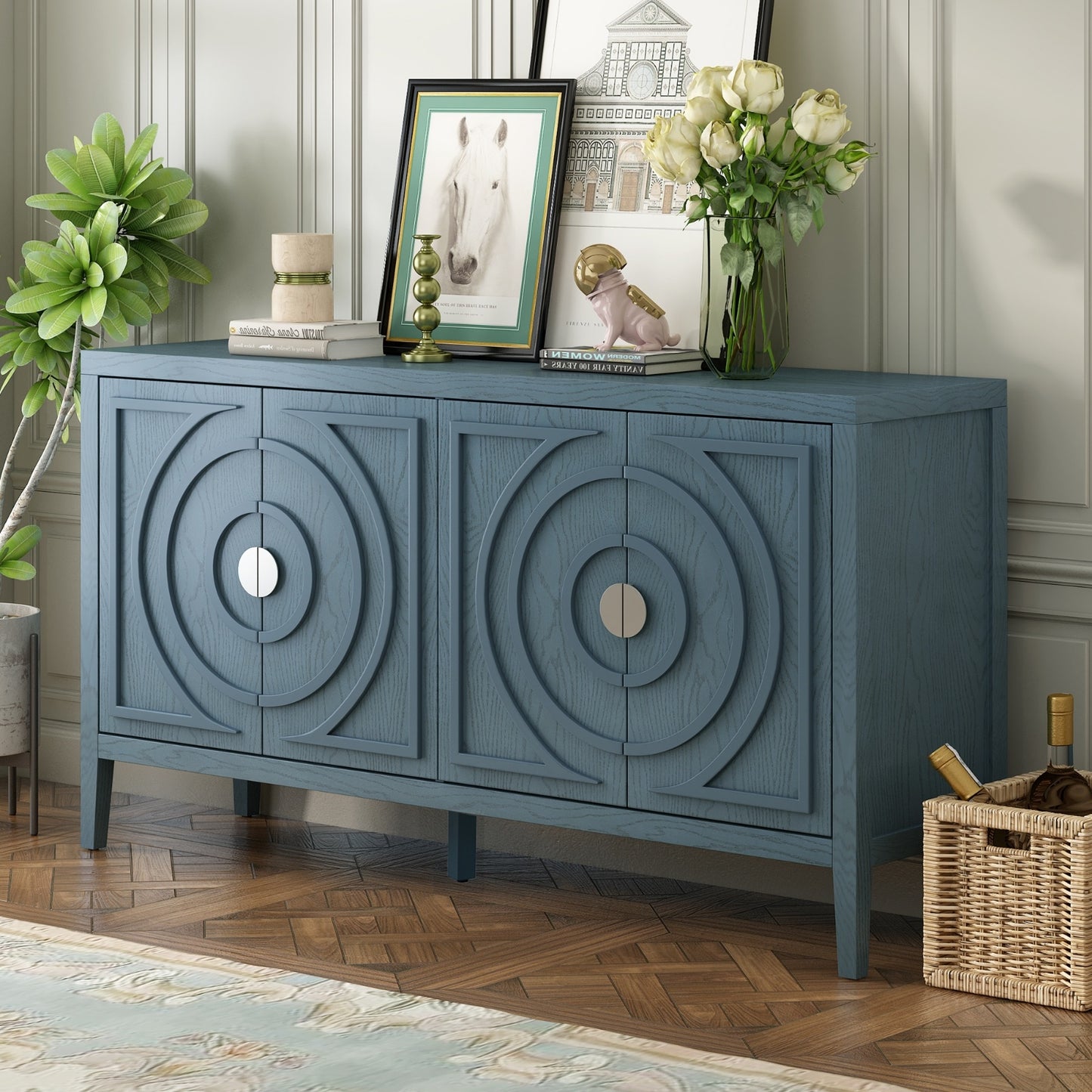 TREXM Retro Sideboard With Circular Groove & Round Metal Handle For Dining