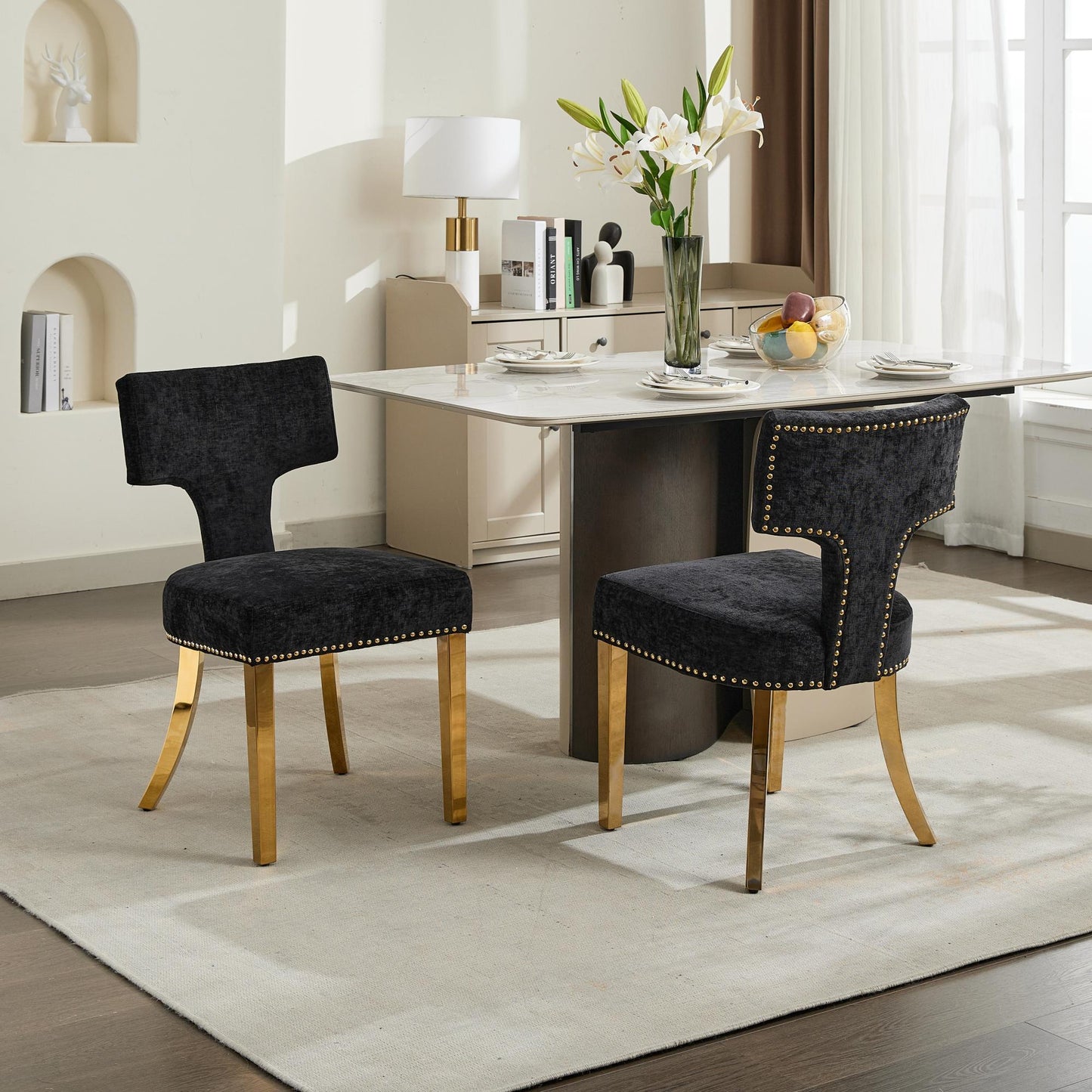 Mid Century Modern Dining Chairs Set Of 2, Farmhouse Chenille Fabric Upholstered Accent Chair Curved Backrest With Copper Nails Around,Kitchen Chairs With Golden Stainless Steel Plating Legs, Black