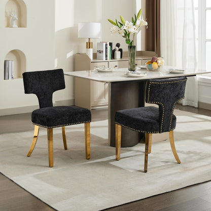 Mid Century Modern Dining Chairs Set Of 2, Farmhouse Chenille Fabric Upholstered Accent Chair Curved Backrest With Copper Nails Around,Kitchen Chairs With Golden Stainless Steel Plating Legs, Black