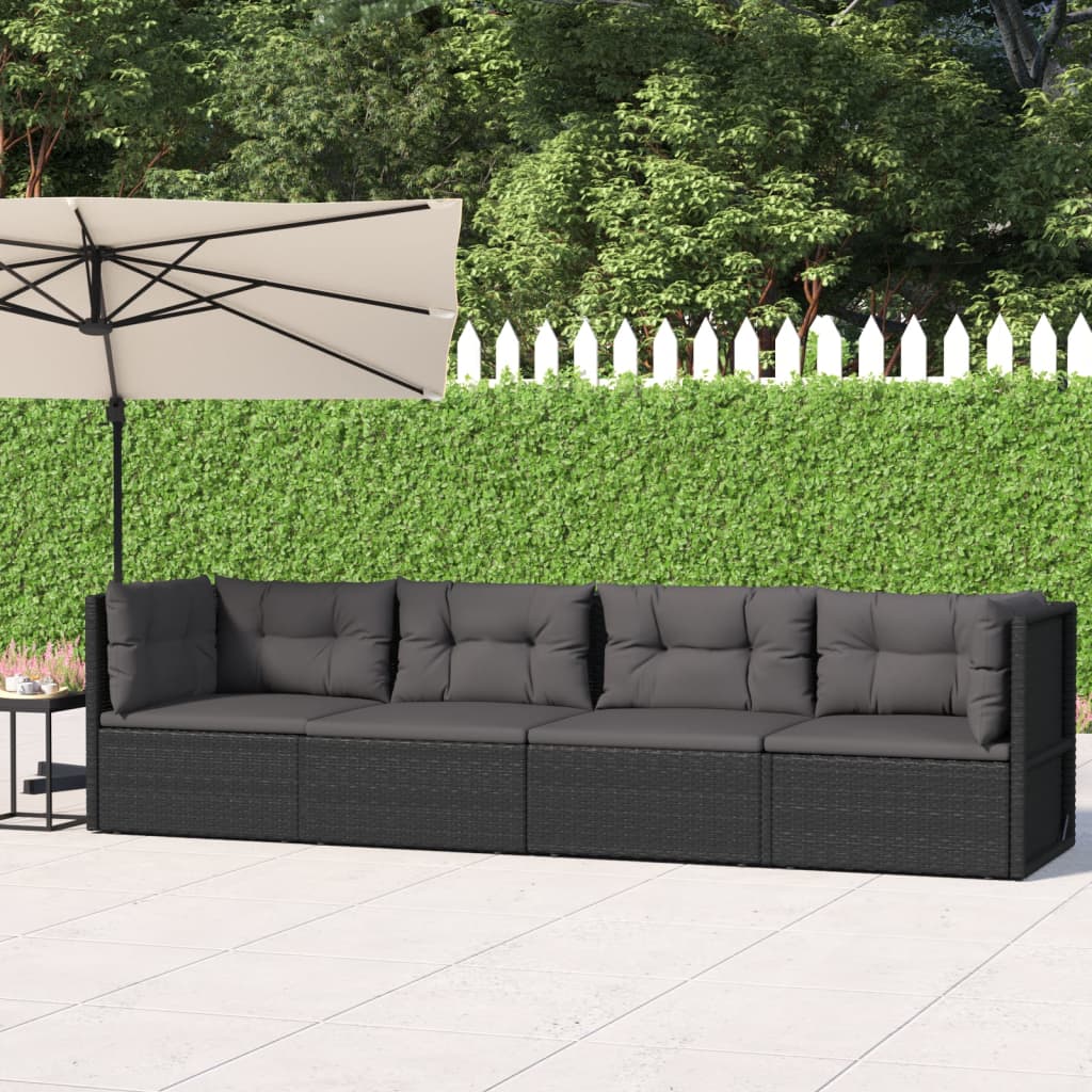 vidaXL 4 Piece Patio Lounge Set with Cushions Black Poly Rattan-0