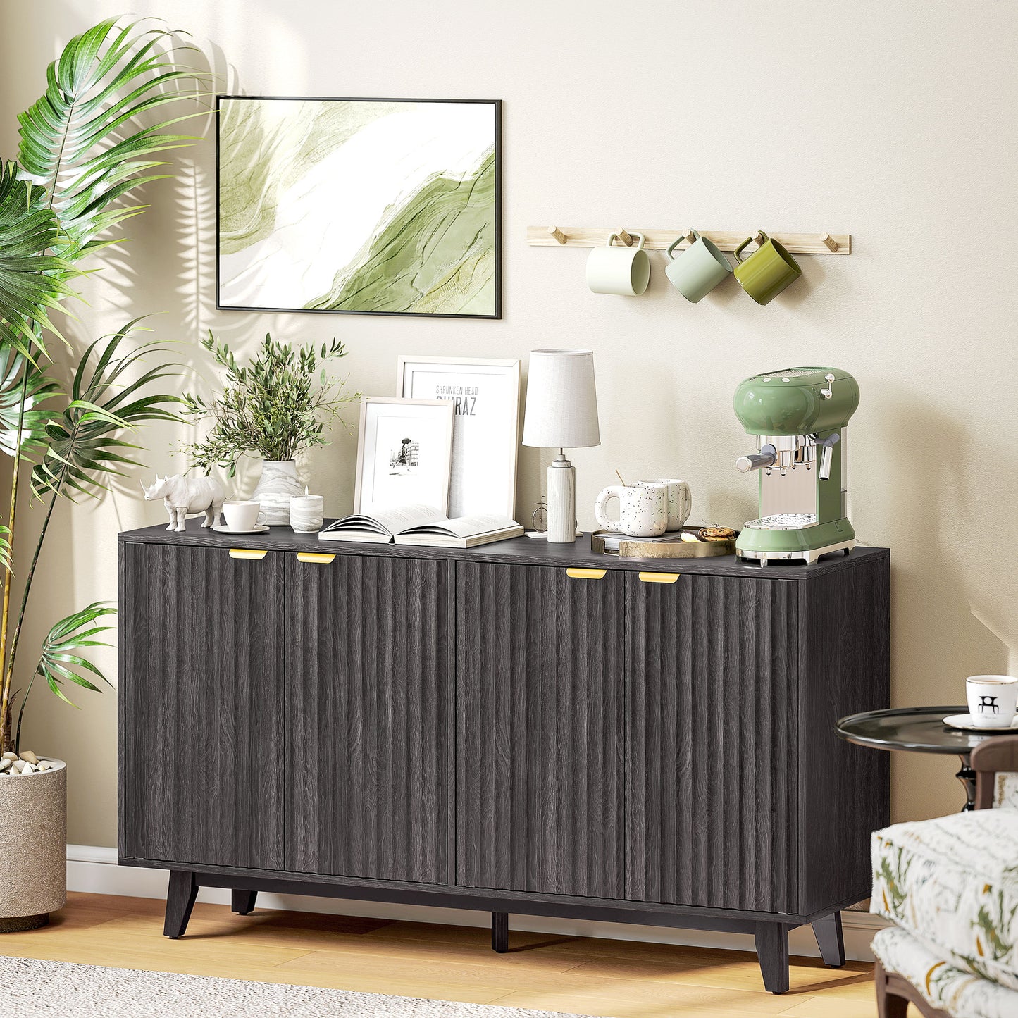 Fluted Sideboard Buffet Cabinet, 55" Coffee Bar Cabinet With 4 Doors, 2 Adjustable Shelves, 5 Wood Legs, Dark Gray