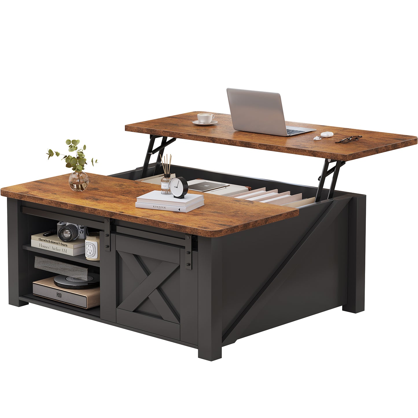 Coffee Table, Central Dining Table With A Height-adjustable Platform, Wooden Central Coffee Table With Storage Function And Adjustable Shelves