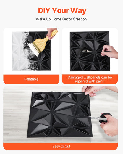 3D Wall Panels, 33-Pack 11.81 X 11.81 In PVC Modern Art Minimalist Diamond Tiles, 32 Sq.Ft Coverage Accent Wall Panel, Interior Home Decor For Ceiling, Bedroom, Living & Gaming Room, Matte Black