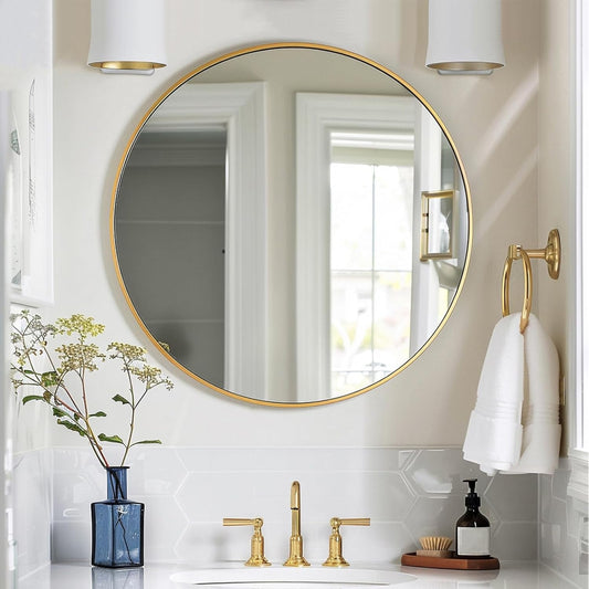 Gold round Mirror, 24 Inch Circle Mirror, Gold Metal Frame, round Wall Mounted Mirrors for Bathroom, Hallway, Living Room, Bedroom.