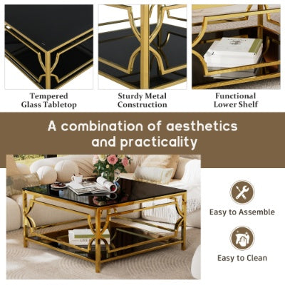 Square Glass Coffee Table In 33.5 ,Luxurious Geometric Metal Frame,Gold Finish  Lower Shelf