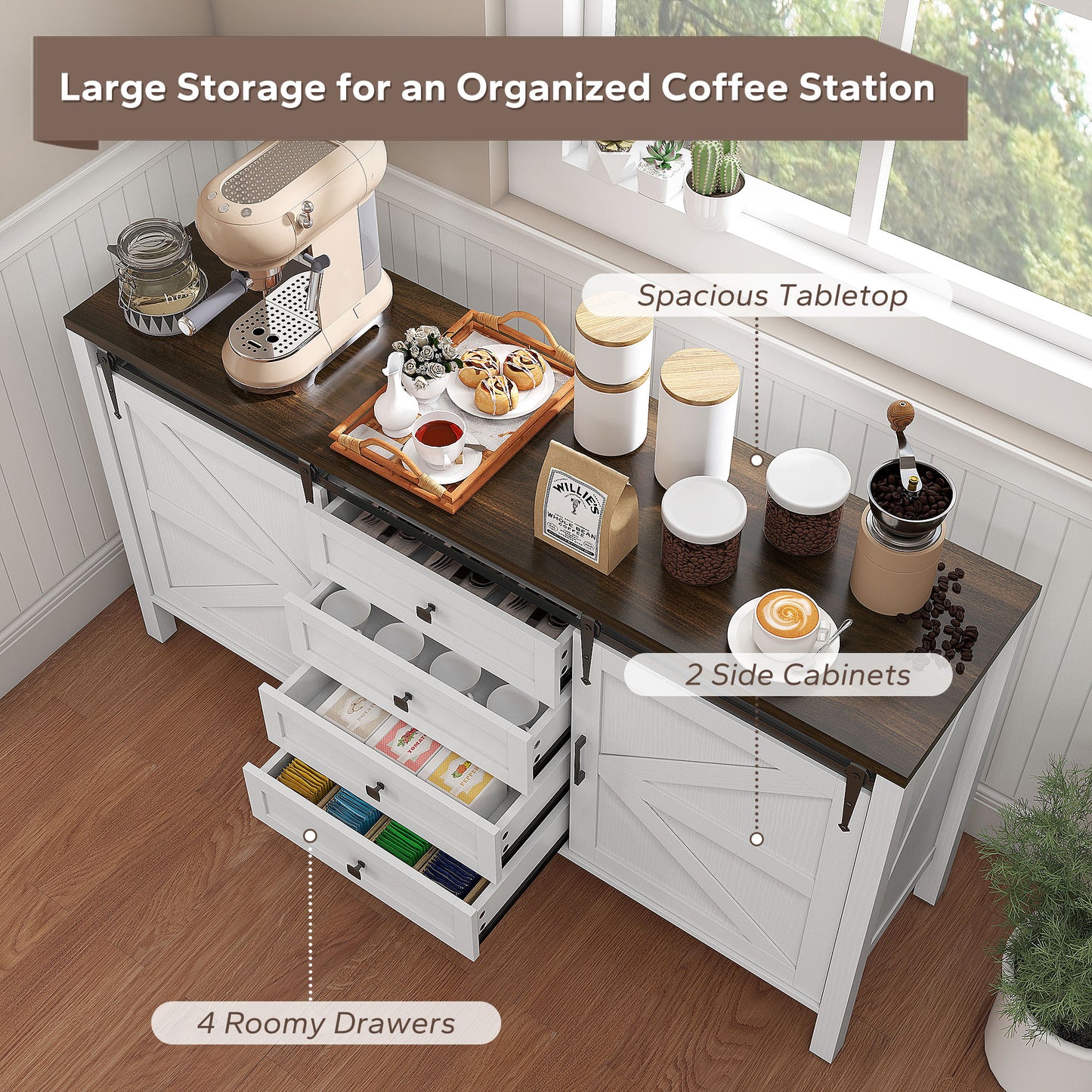 59 Buffet Cabinet, Farmhouse Sideboard With Thick Top, 2 Barn Doors, 4 Drawers And 2 Adjustable Shelves, White