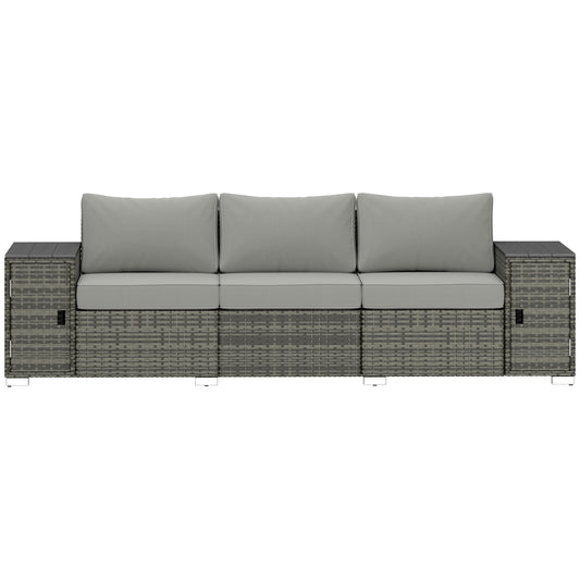 3 Seater Wicker Outdoor Couch Patio Sofa With Storage, Thickened Cushions And Wide Armrests For Porch Yard, Gray