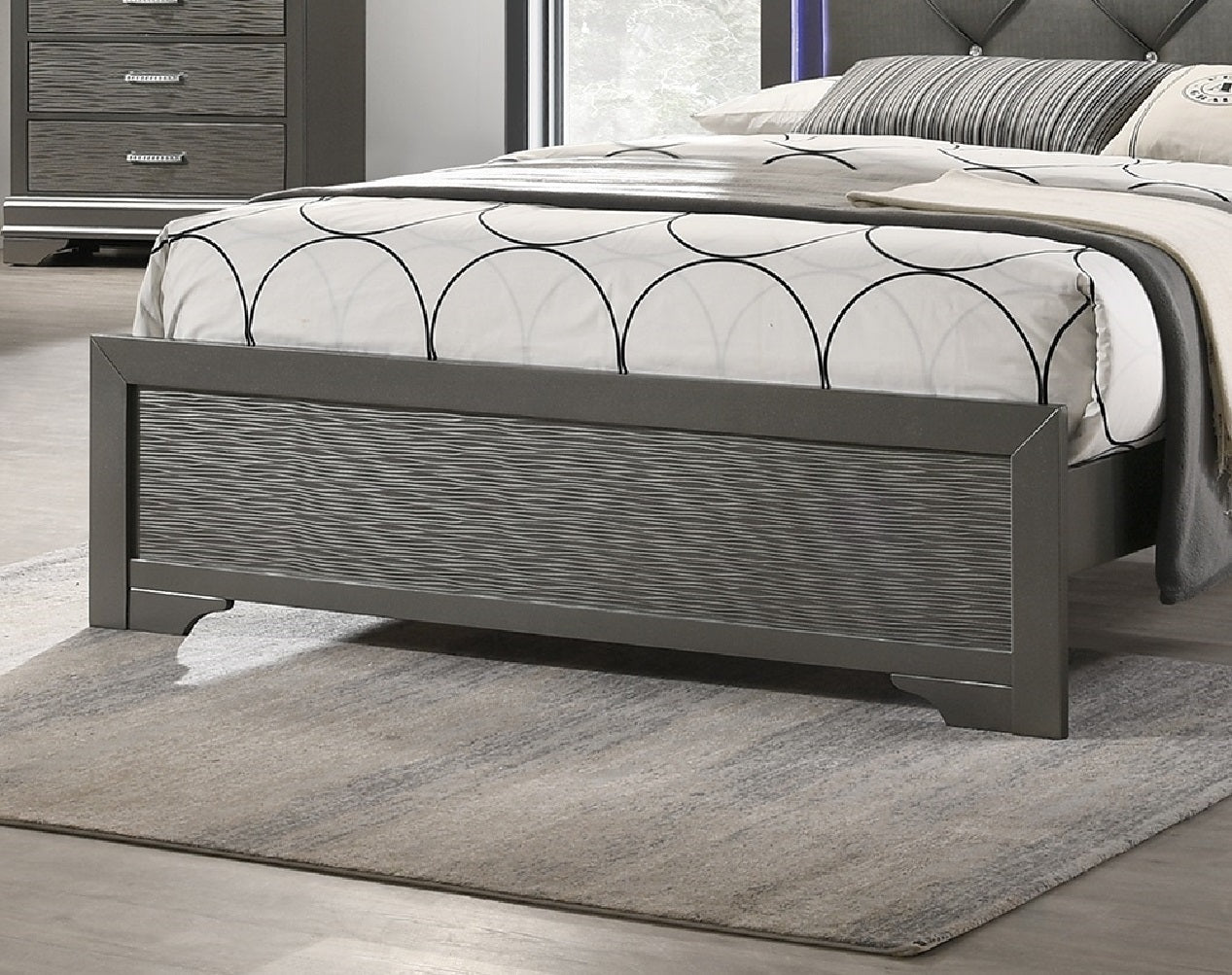 Dark Gray Faux Leather Tufted Headboard 1pc Queen Size Bed W LED Bedroom Furniture Gray Unique Texture FB Solid Wood
