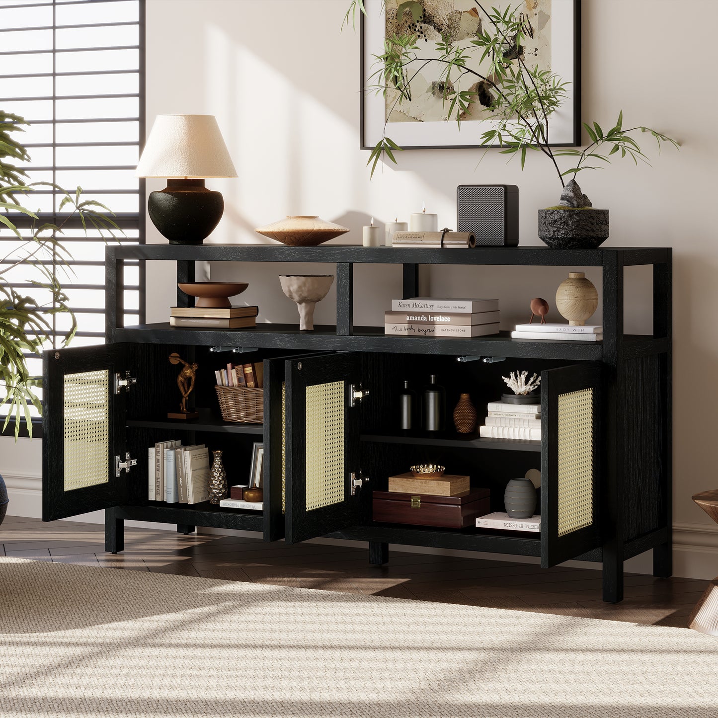 TREXM Bohemian Style Rattan Buffet Storage Cabinet With Solid Wood Frame  Sideboard With 3-position Adjustable Shelves For Living & Dining Rooms  No-Handle Push-to-Open Design  Black