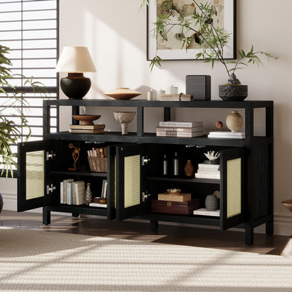 TREXM Bohemian Style Rattan Buffet Storage Cabinet With Solid Wood Frame  Sideboard With 3-position Adjustable Shelves For Living & Dining Rooms  No-Handle Push-to-Open Design  Black