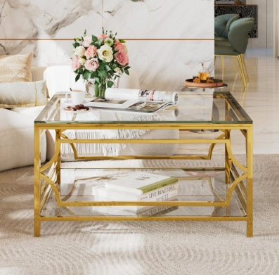 Square Glass Coffee Table In 33.5 ,Luxurious Geometric Metal Frame,Gold Finish  Lower Shelf