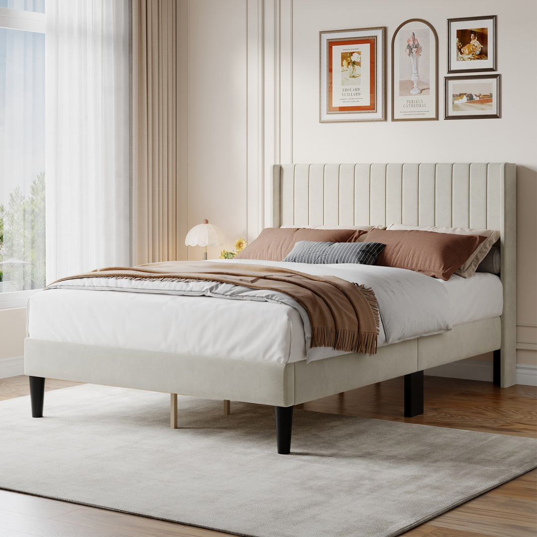 Double Bed Frame, Fabric-covered Wing-shaped Headboard And Wooden Crossbars, With A Load Capacity Of 500 Pounds, Without Box Springs