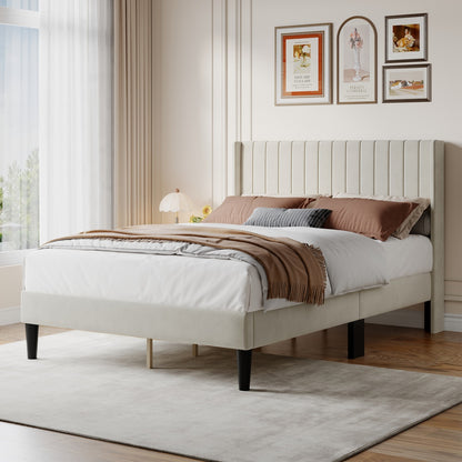 Double Bed Frame, Fabric-covered Wing-shaped Headboard And Wooden Crossbars, With A Load Capacity Of 500 Pounds, Without Box Springs