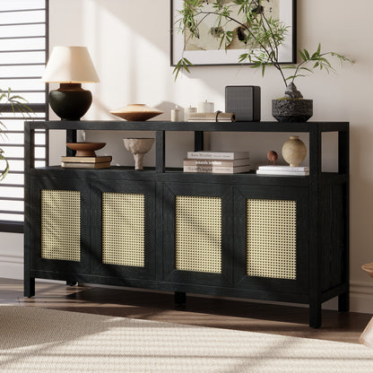 TREXM Bohemian Style Rattan Buffet Storage Cabinet With Solid Wood Frame  Sideboard With 3-position Adjustable Shelves For Living & Dining Rooms  No-Handle Push-to-Open Design  Black