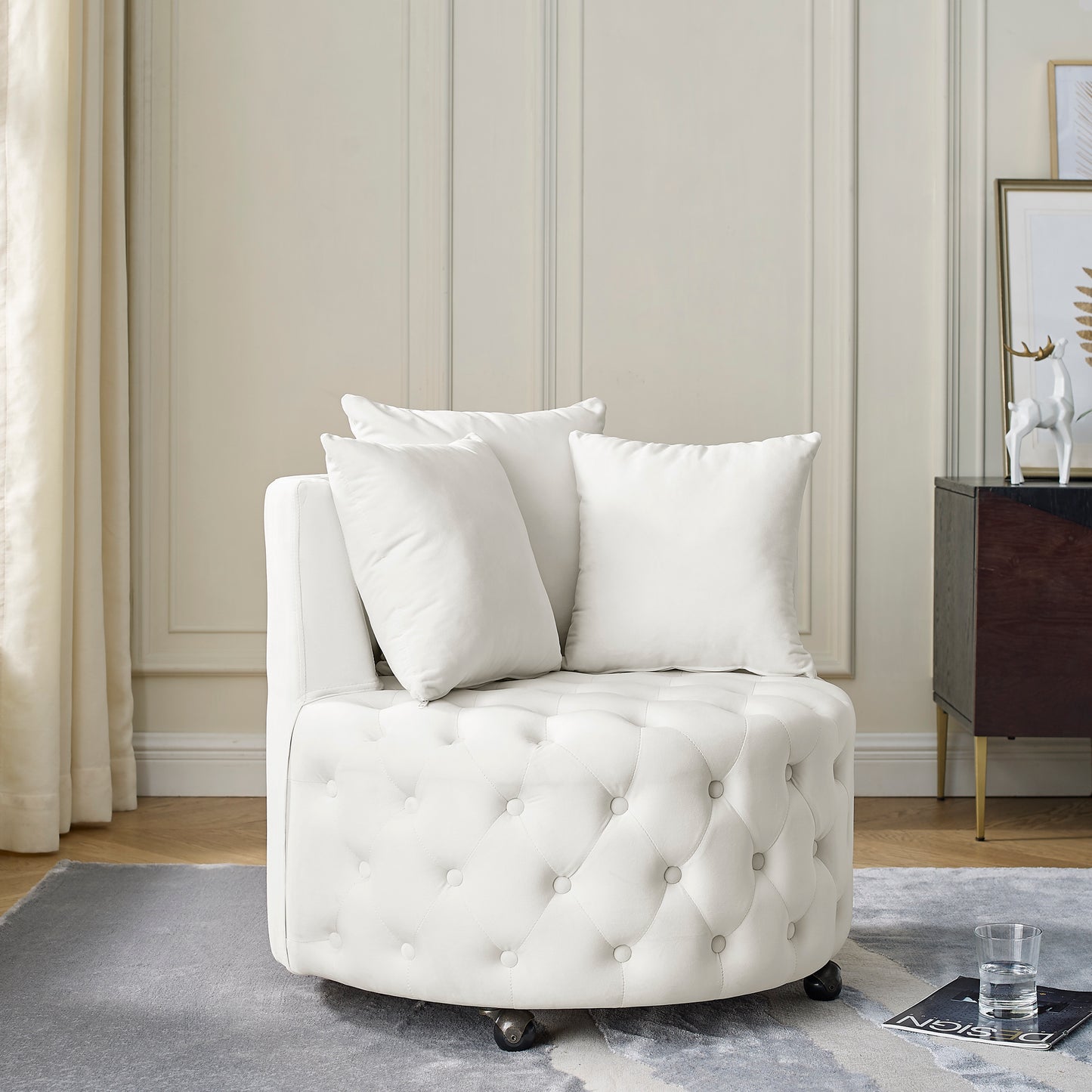 Velvet Upholstered Swivel Chair For Living Room, With Button Tufted Design And Movable Wheels, Including 3 Pillows, Beige