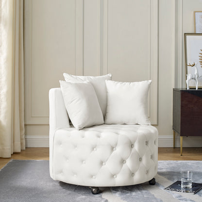 Velvet Upholstered Swivel Chair For Living Room, With Button Tufted Design And Movable Wheels, Including 3 Pillows, Beige