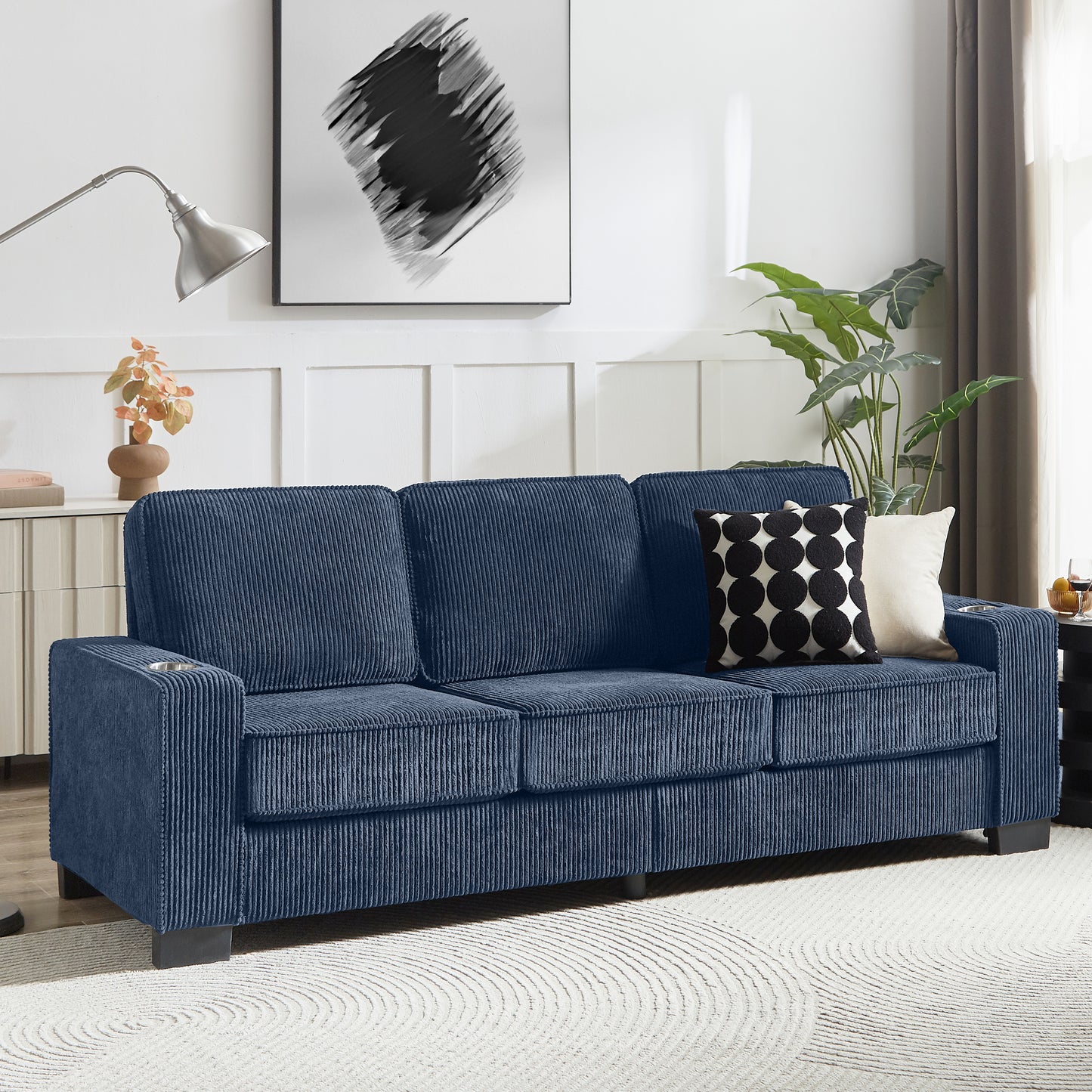 83.86 Corduroy Fabric Sofa,Modern Compressed Couch,3-Seater Sofa, Furniture For Living Room,Bedroom,office ,Blue