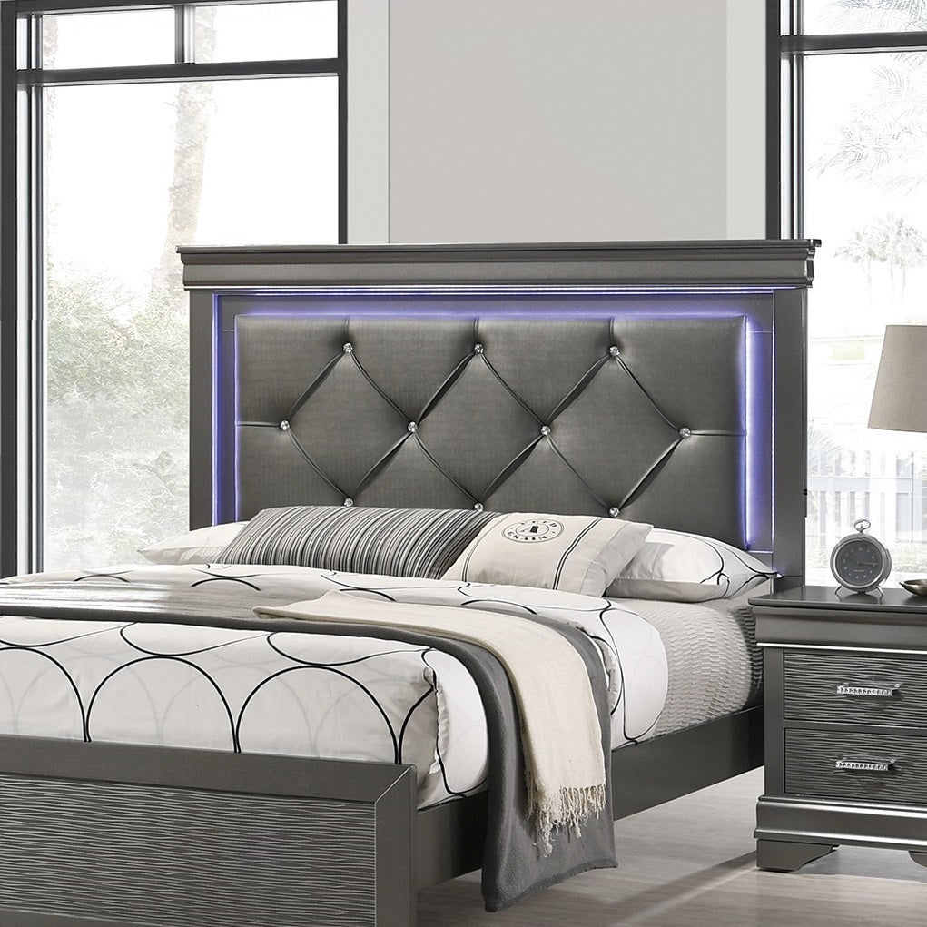Dark Gray Faux Leather Tufted Headboard 1pc Queen Size Bed W LED Bedroom Furniture Gray Unique Texture FB Solid Wood