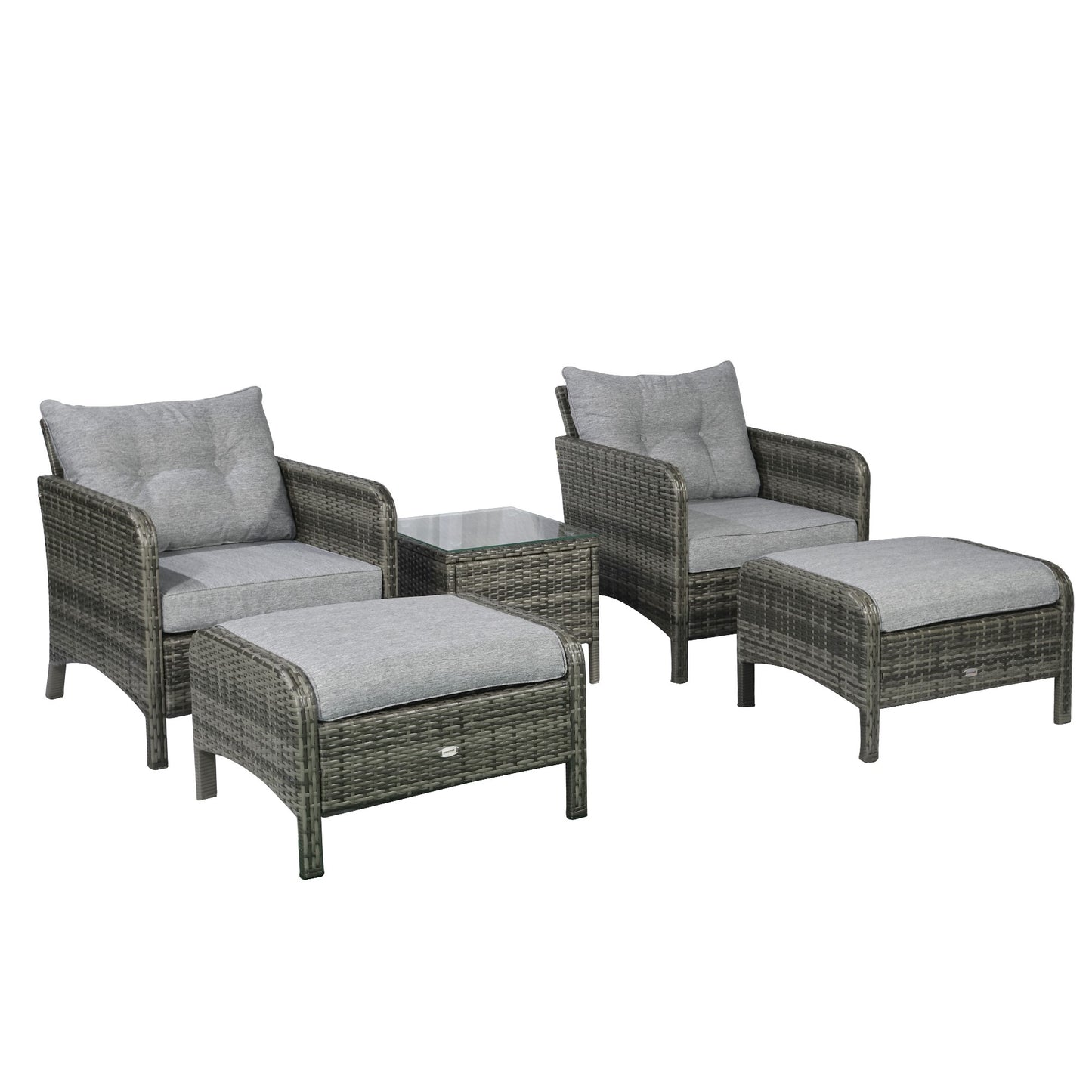 5 Pieces Rattan Wicker Lounge Chair Outdoor Patio Conversation Set with 2 Cushioned Chairs, 2 Ottomans and Tempered Glass Top Coffee Table, Gray/Light Gray