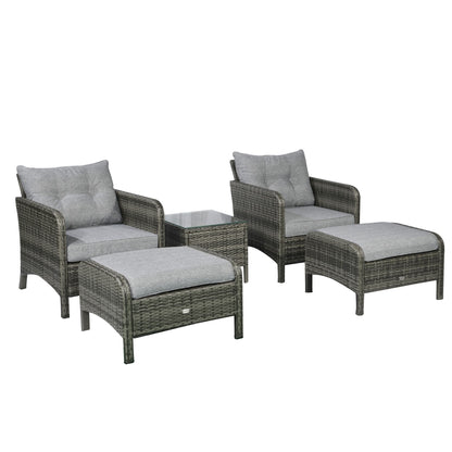 5 Pieces Rattan Wicker Lounge Chair Outdoor Patio Conversation Set with 2 Cushioned Chairs, 2 Ottomans and Tempered Glass Top Coffee Table, Gray/Light Gray