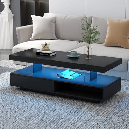 VIBE HAUS LED Coffee Table With Storage, Modern Center Table With 2 Drawers And Display Shelves, Accent Furniture With LED Lights For Living Room,Black