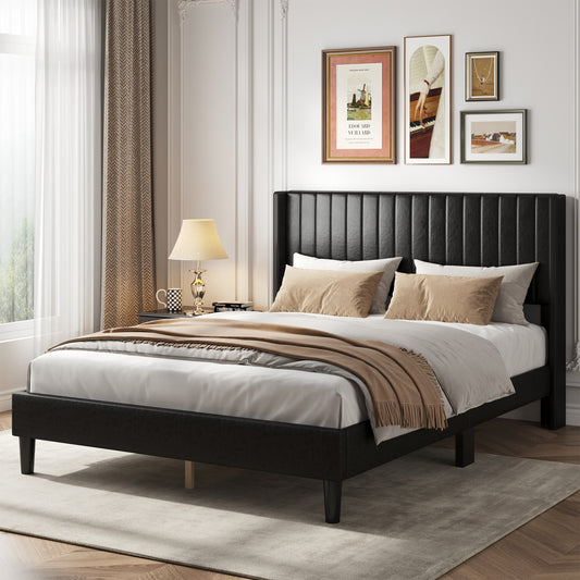 Double Bed Frame, Fabric-covered Wing-shaped Headboard And Wooden Crossbars, With A Load Capacity Of 500 Pounds, Without Box Springs
