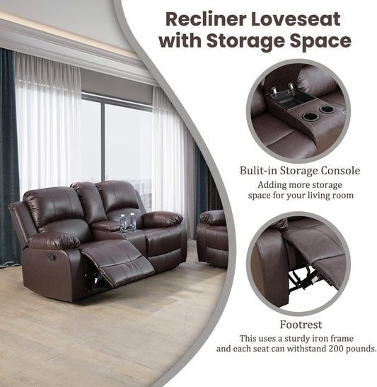 Manual Recliner Sofa Set Brown Three Piece Living Room Furniture