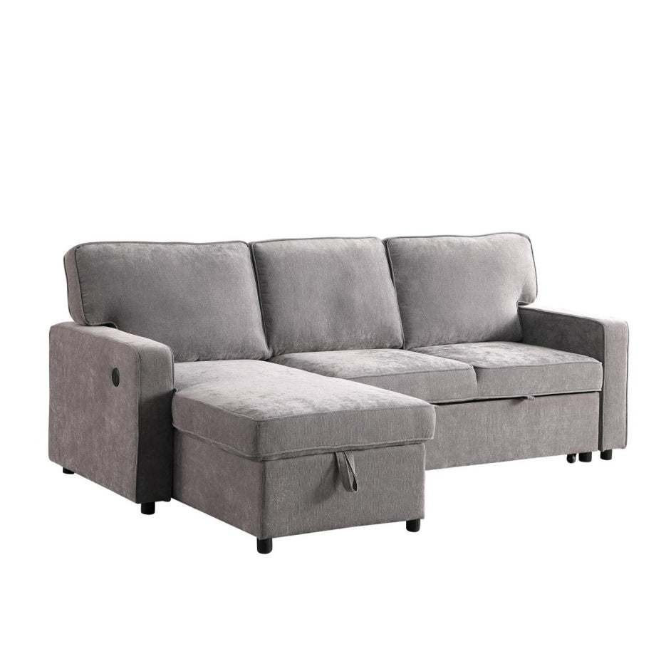 Upholstery Sleeper GREY Sectional Sofa With Storage Space, USB Port, 2 Cup Holders On Back Cushions